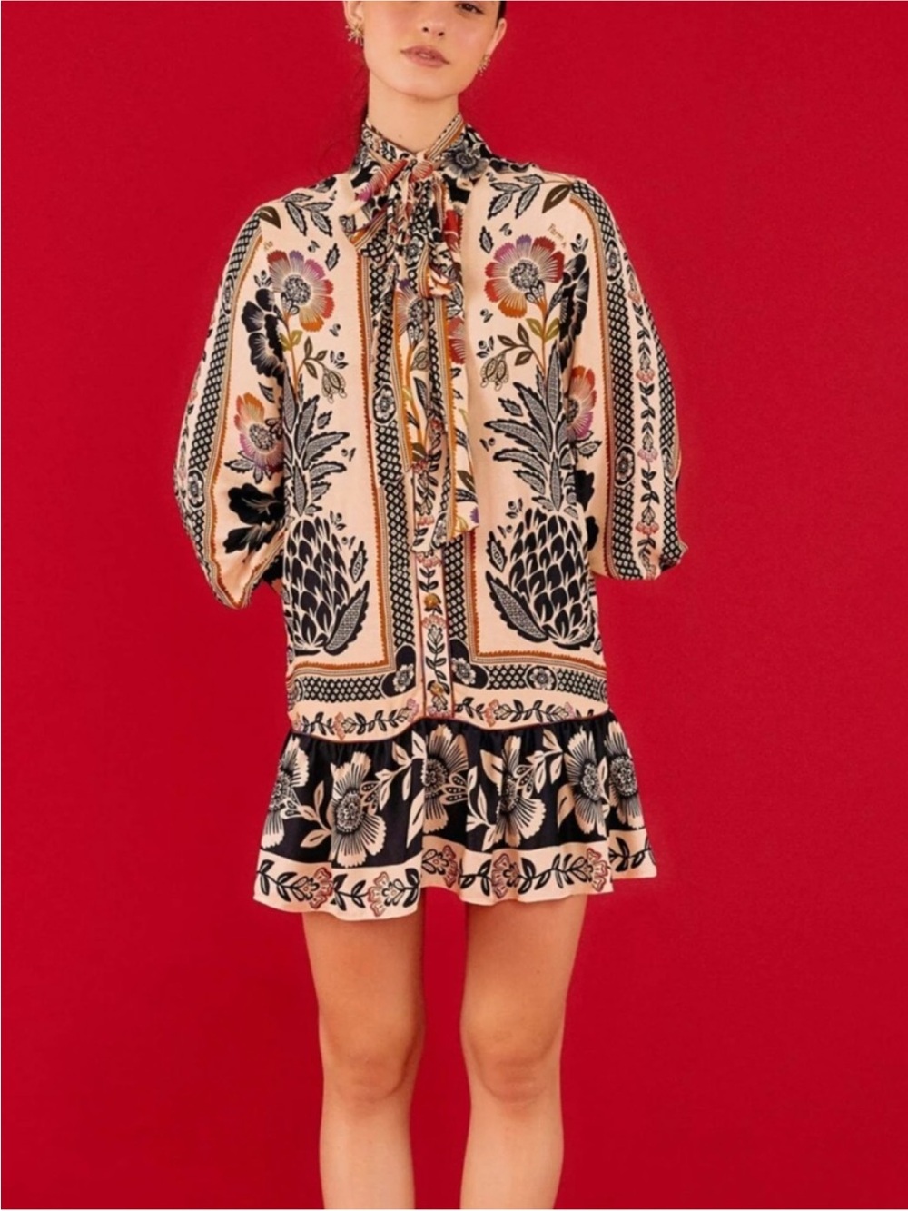 FARM Rio Cream, Black and Multicolor Floral Tie-Neck Long Sleeve Dress